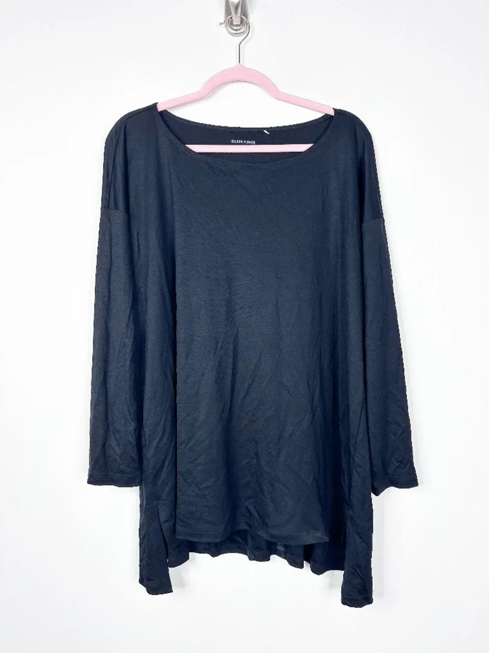 Eileen Fisher Bateau Neck High Low Tunic Top Long Sleeve Black XL #A2050 - Picture 2 of 6